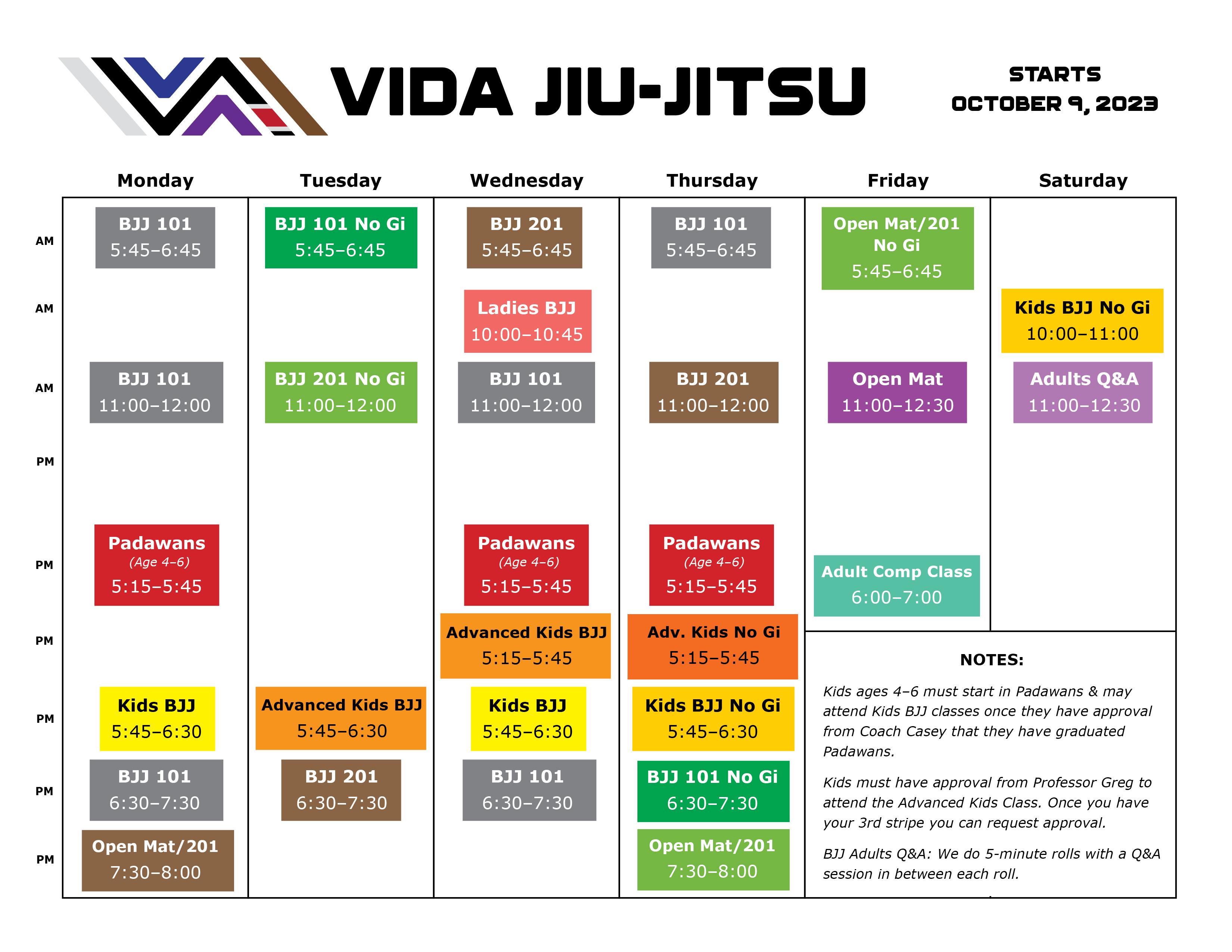Vida Schedule October 2023